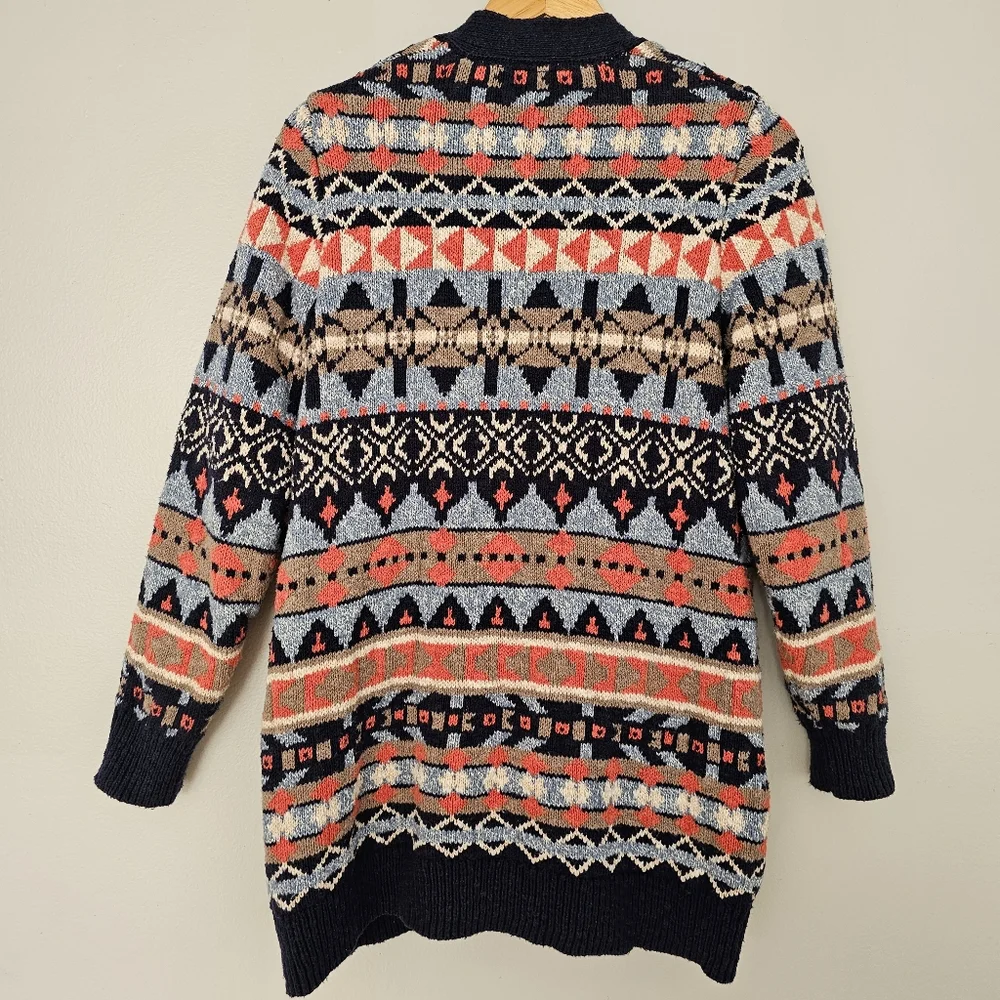 LL Bean cotton ragg open front cardigan sweater fair isle nordic heavyweight L - Picture 2 of 6
